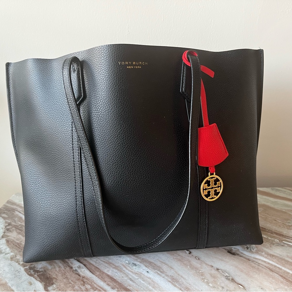 Tory Burch Perry Tote | Black Leather w/ Red Charm
